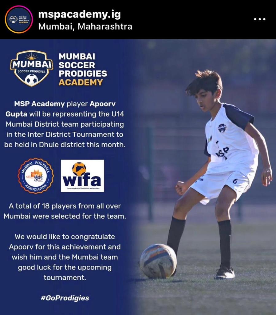 Selection announcement graphic showing Apoorv Gupta with a soccer ball on the pitch