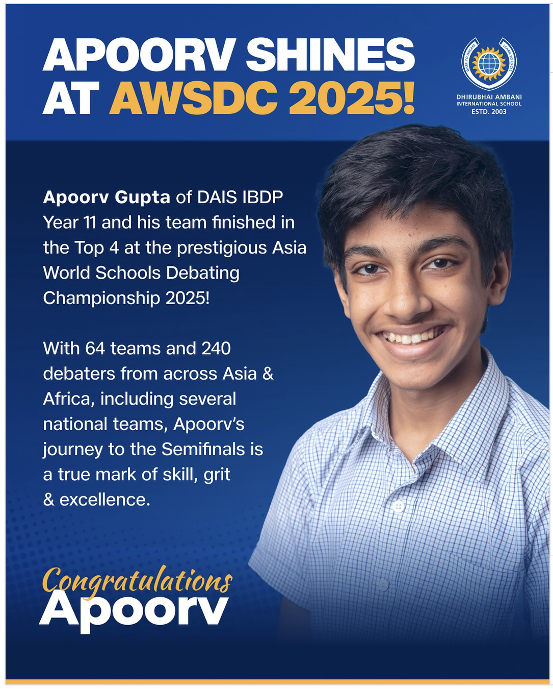 Apoorv Gupta and his team finish in the top four at the Asia World Schools Debating Championship 2025