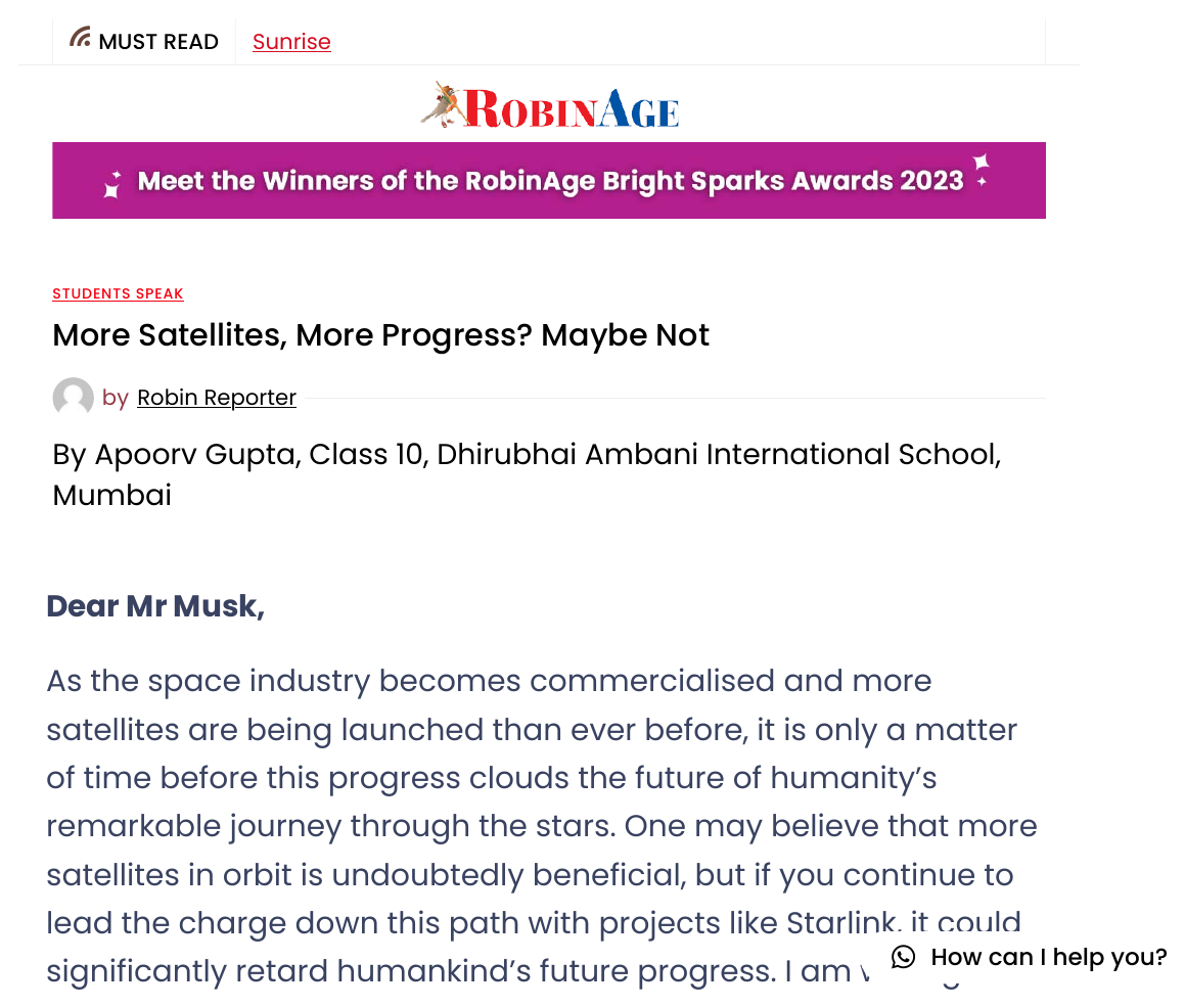 Apoorv's article 'More Satellites, More Progress? Maybe Not' published in Robin Age 2024